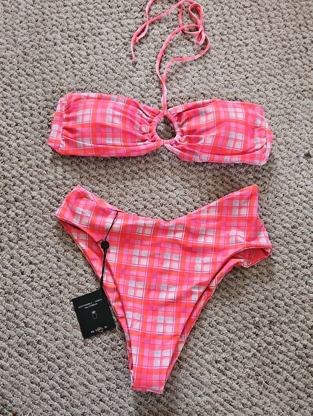 Nwt Skatie Melly Bottom And O Ring Bandeau Halter Pink Plaid Stripe Medium